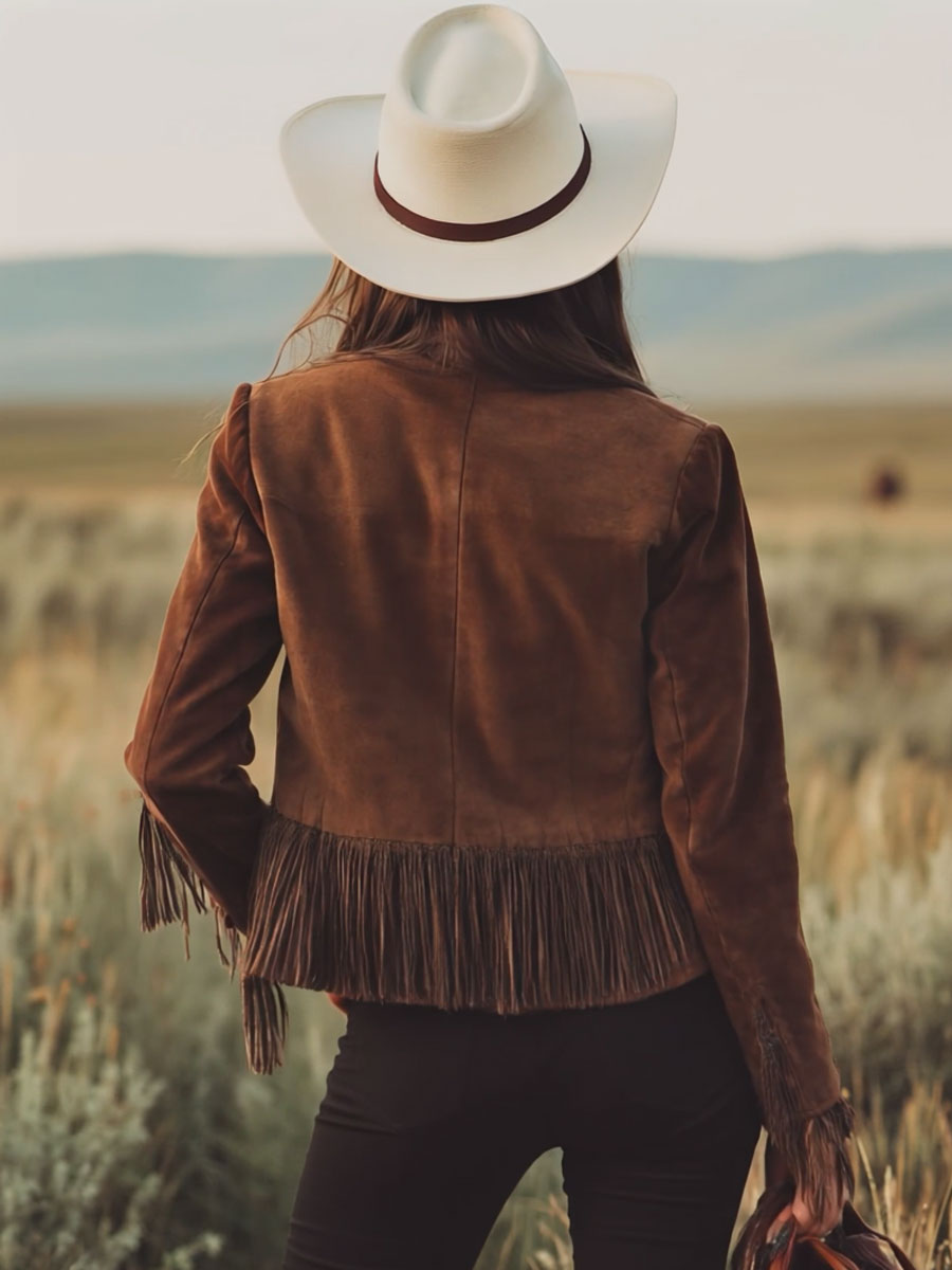 Brown suede Western tassel zip-up jacket by Christine Brewer, featuring fringe tassels and a stylish Western-inspired design.