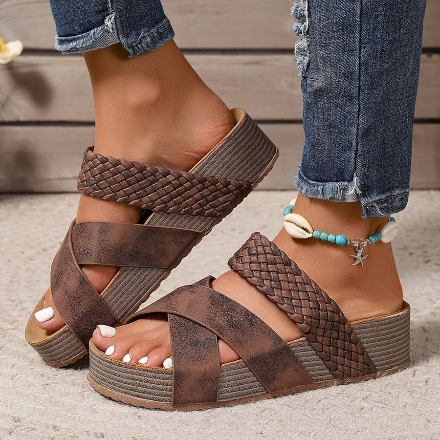 Comfortable women's orthopedic leather strap sandals from Christine Brewer, featuring supportive design and stylish beige color.