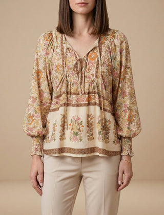 Apricot floral long sleeve linen summer blouse for women by Christine Brewer, featuring lightweight, breathable fabric and elegant design.