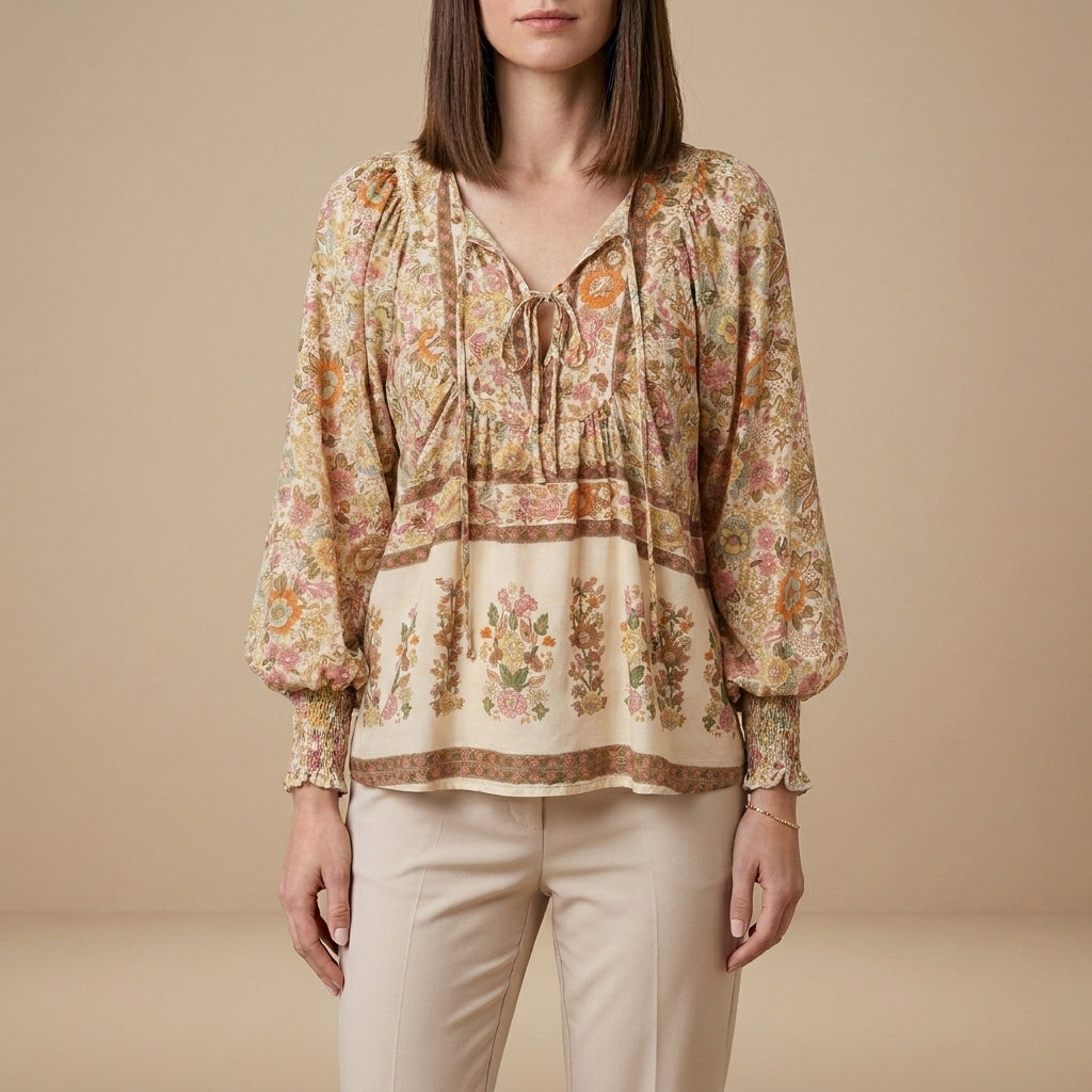 Apricot floral long sleeve linen summer blouse for women by Christine Brewer, featuring lightweight, breathable fabric and elegant design.