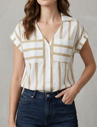 Apricot striped V-neck summer blouse for women by Christine Brewer, lightweight top with stylish, casual design.