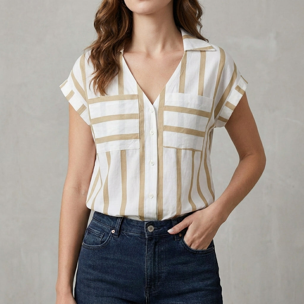 Apricot striped V-neck summer blouse for women by Christine Brewer, lightweight top with stylish, casual design.