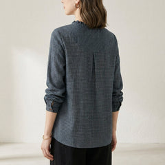 Back view of a geometric patterned summer blouse for women by Christine Brewer, featuring long sleeves and a stylish design.