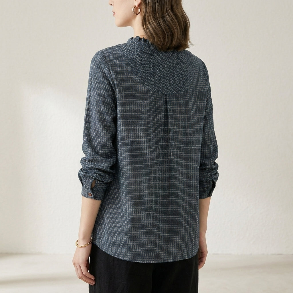 Back view of a geometric patterned summer blouse for women by Christine Brewer, featuring long sleeves and a stylish design.