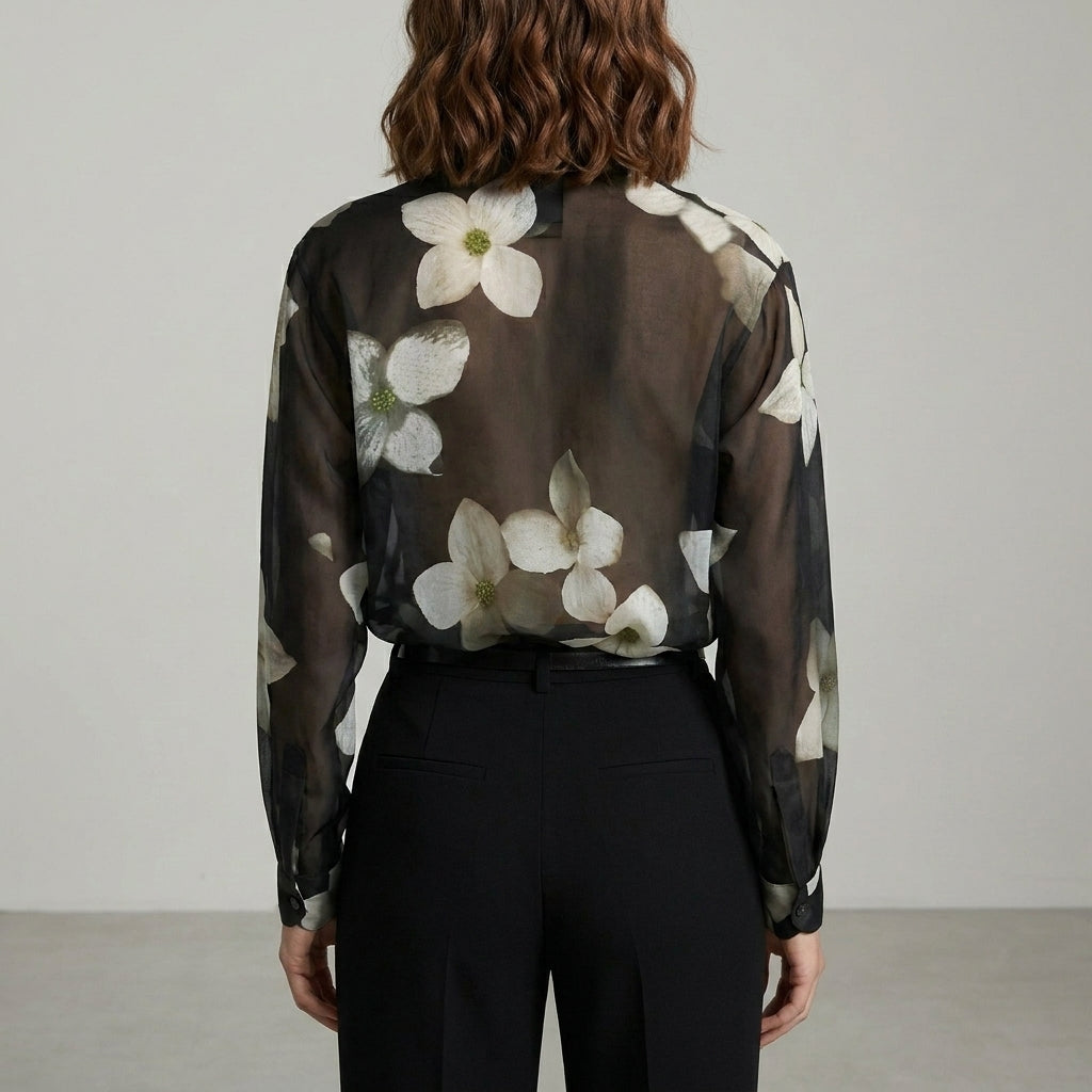Back view of Christine Brewer women's floral summer blouse with long sleeves, lightweight and stylish for warm weather.