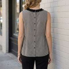 Back view of a sleeveless gingham summer blouse for women by Christine Brewer, featuring a relaxed fit and stylish design.