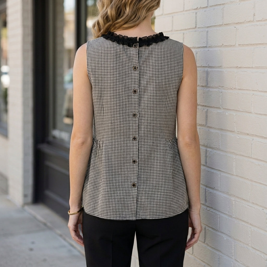Back view of a sleeveless gingham summer blouse for women by Christine Brewer, featuring a relaxed fit and stylish design.