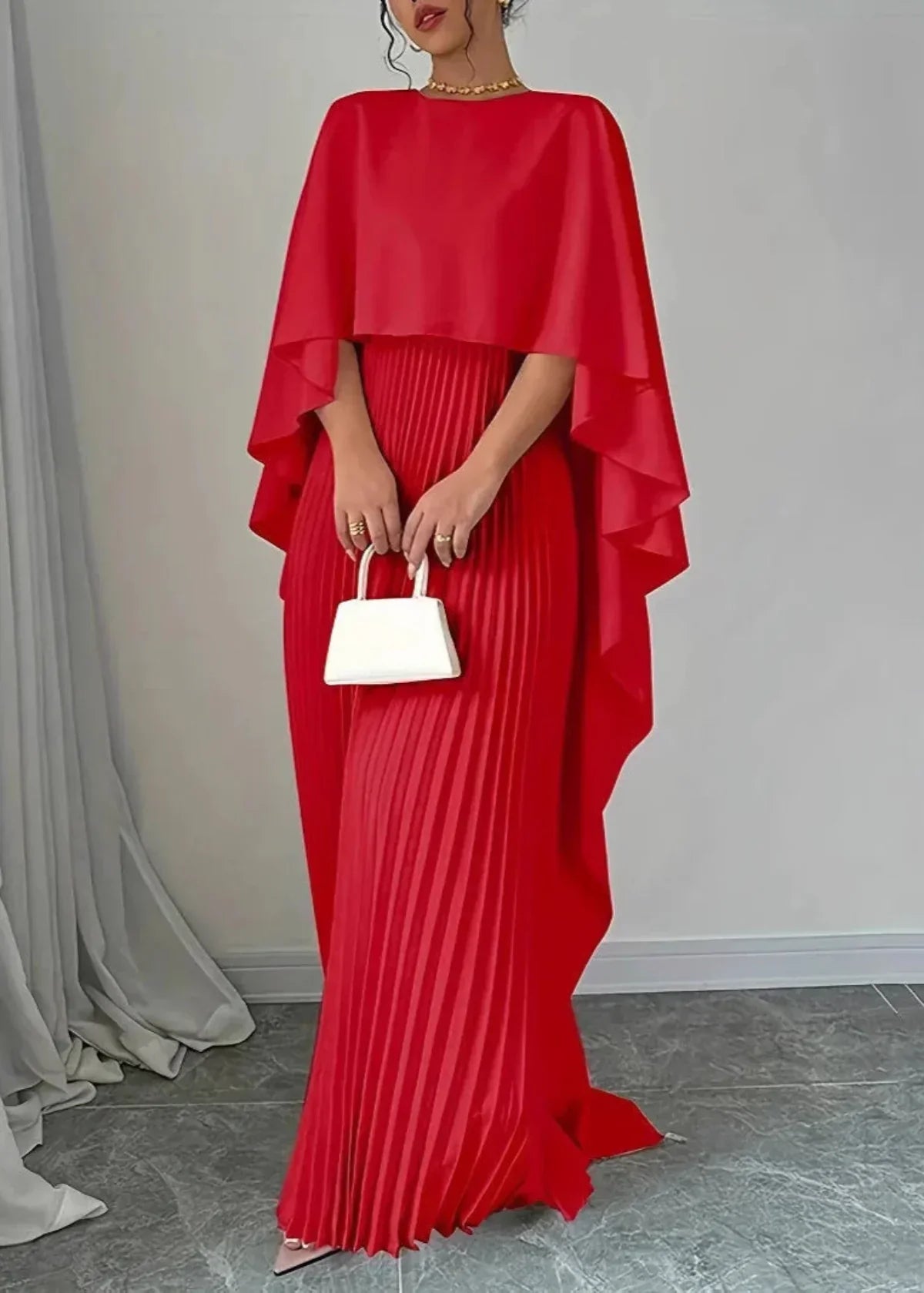 Makayla | Wedding Guest Dress Maxi Dress Women Pleated Cape Formal Evening Cocktail Fall Flowy