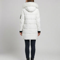 Back view of Christine Brewer Sadie women's cosy puffer jacket in black, featuring a quilted design and hood for warmth and comfort.