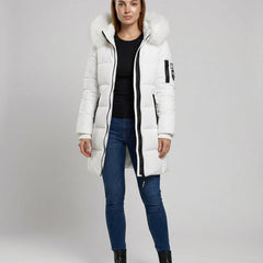 Full-body front view of the Sadie Cosy Puffer Jacket for Women by Christine Brewer, showcasing its stylish, insulated design.