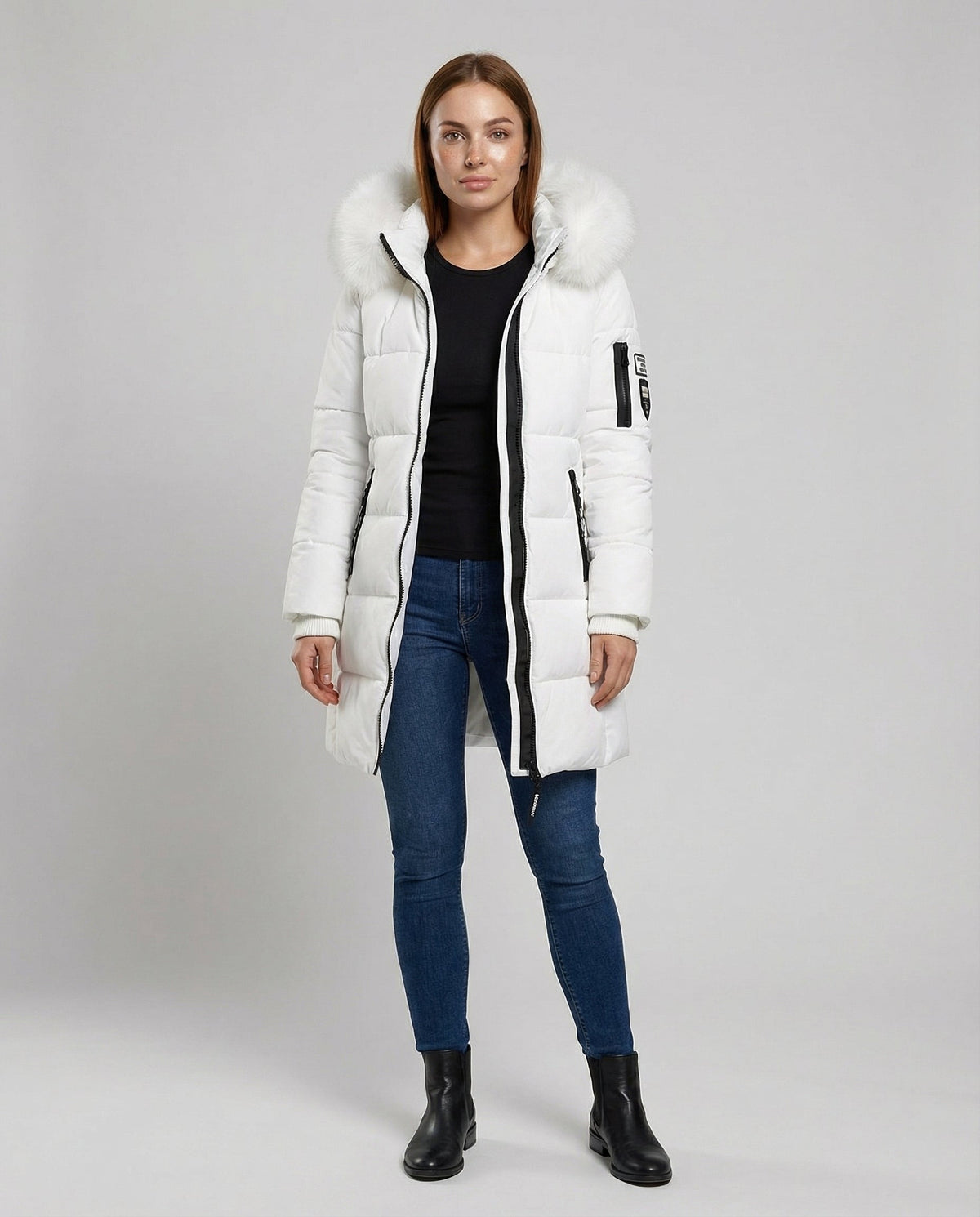 Full-body front view of the Sadie Cosy Puffer Jacket for Women by Christine Brewer, showcasing its stylish, insulated design.