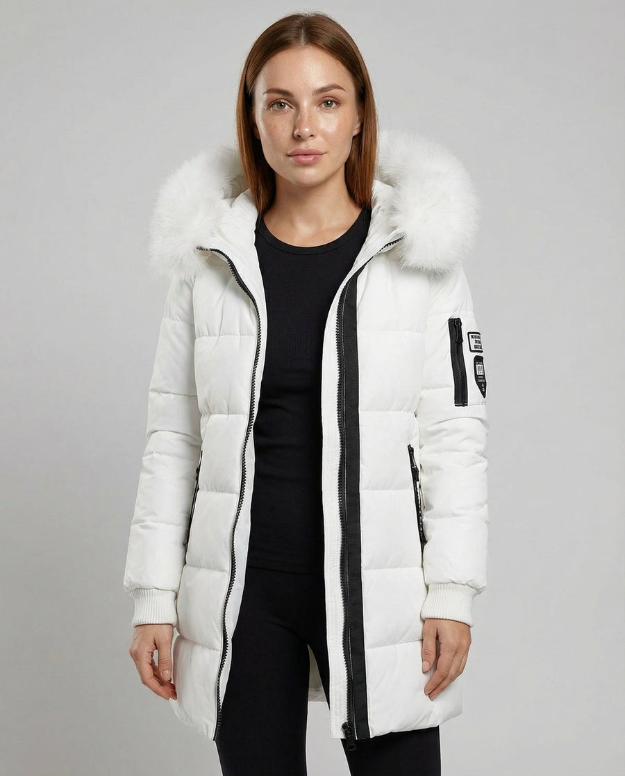 Women’s Sadie Cosy Puffer Jacket by Christine Brewer, upper body view showing quilted design and warm, insulated style.