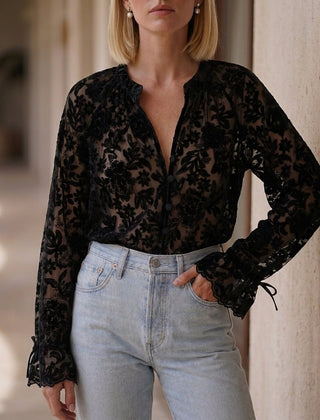 Black floral V-neck lace summer blouse for women by Christine Brewer, featuring delicate lace details and a relaxed fit.