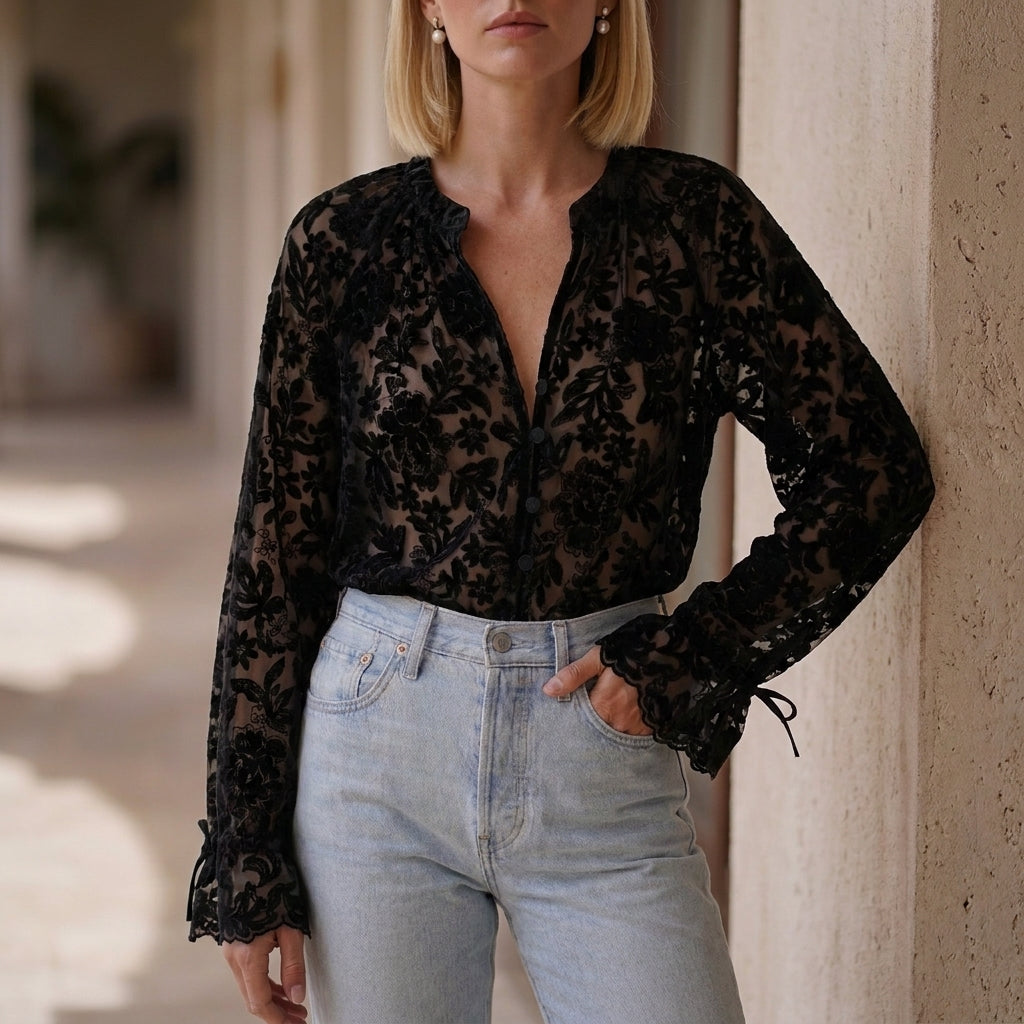 Black floral V-neck lace summer blouse for women by Christine Brewer, featuring delicate lace details and a relaxed fit.