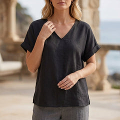 Black denim summer blouse for women with V-neck and short sleeves, stylish top from Christine Brewer.
