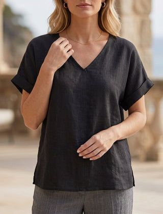Black denim summer blouse for women with V-neck and short sleeves, stylish top from Christine Brewer.