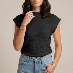 Black high-neck cap sleeve summer top for women by Christine Brewer, shown on a plain background