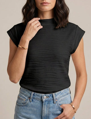 Black high-neck cap sleeve summer top for women by Christine Brewer, shown on a plain background