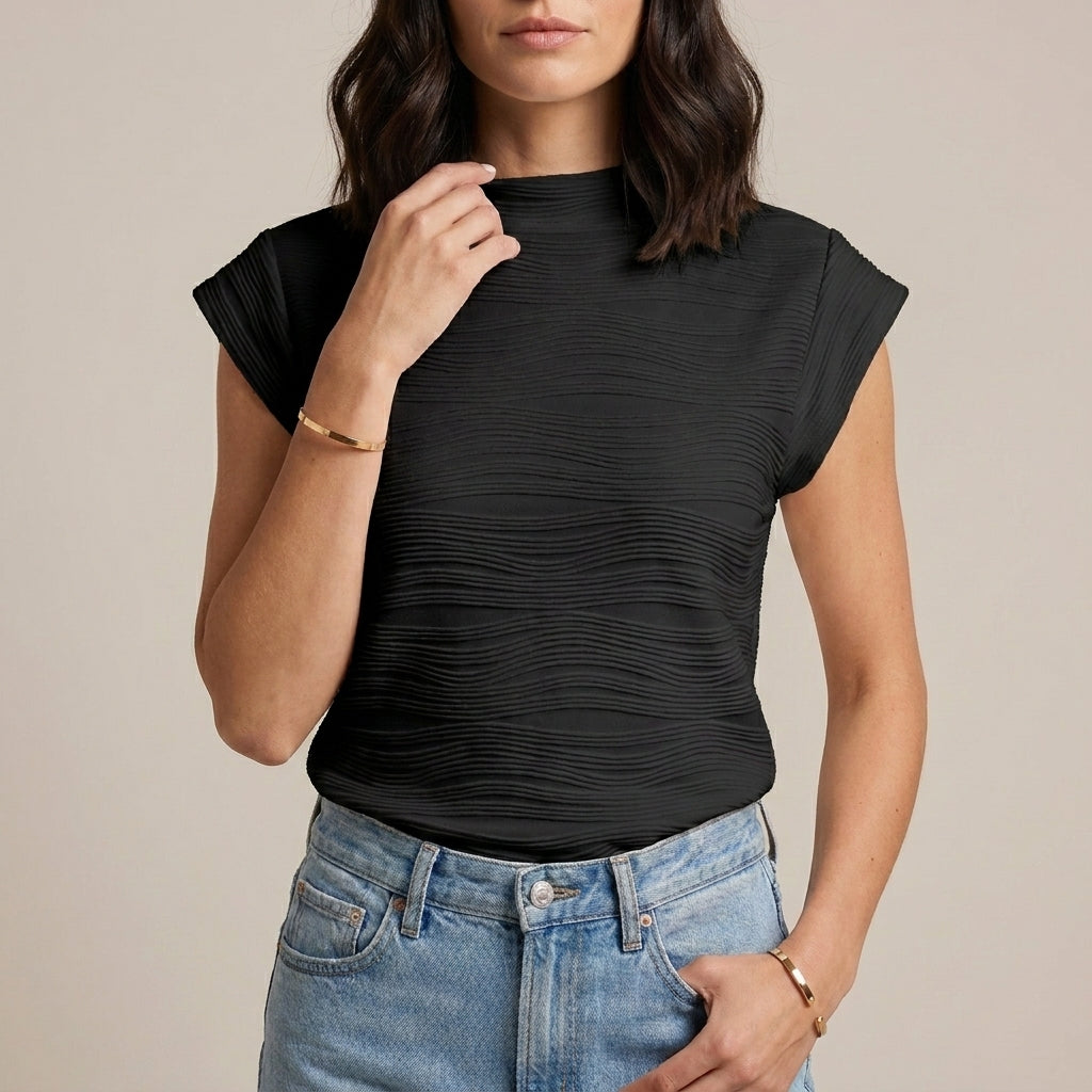 Black high-neck cap sleeve summer top for women by Christine Brewer, shown on a plain background