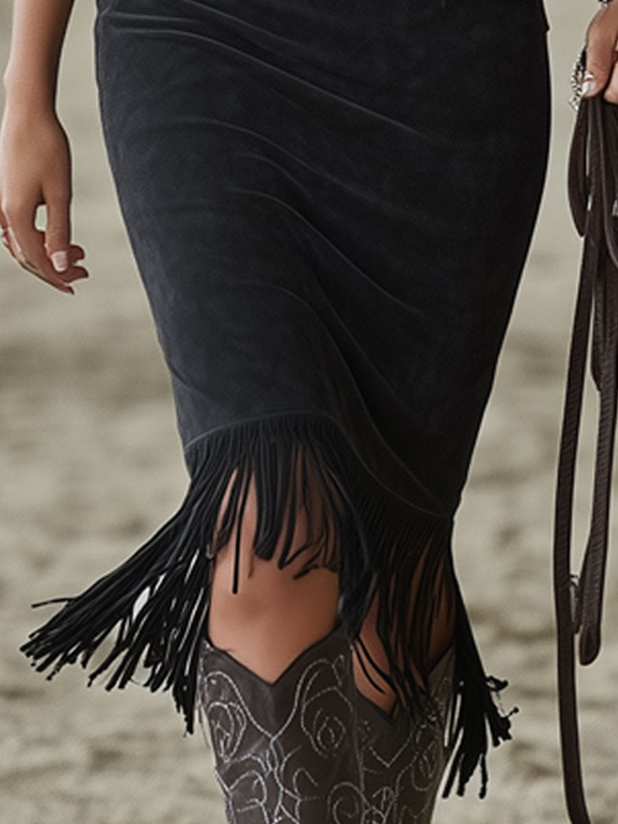 Black faux suede floral midi dress by Christine Brewer featuring long sleeves and a casual, stylish silhouette.