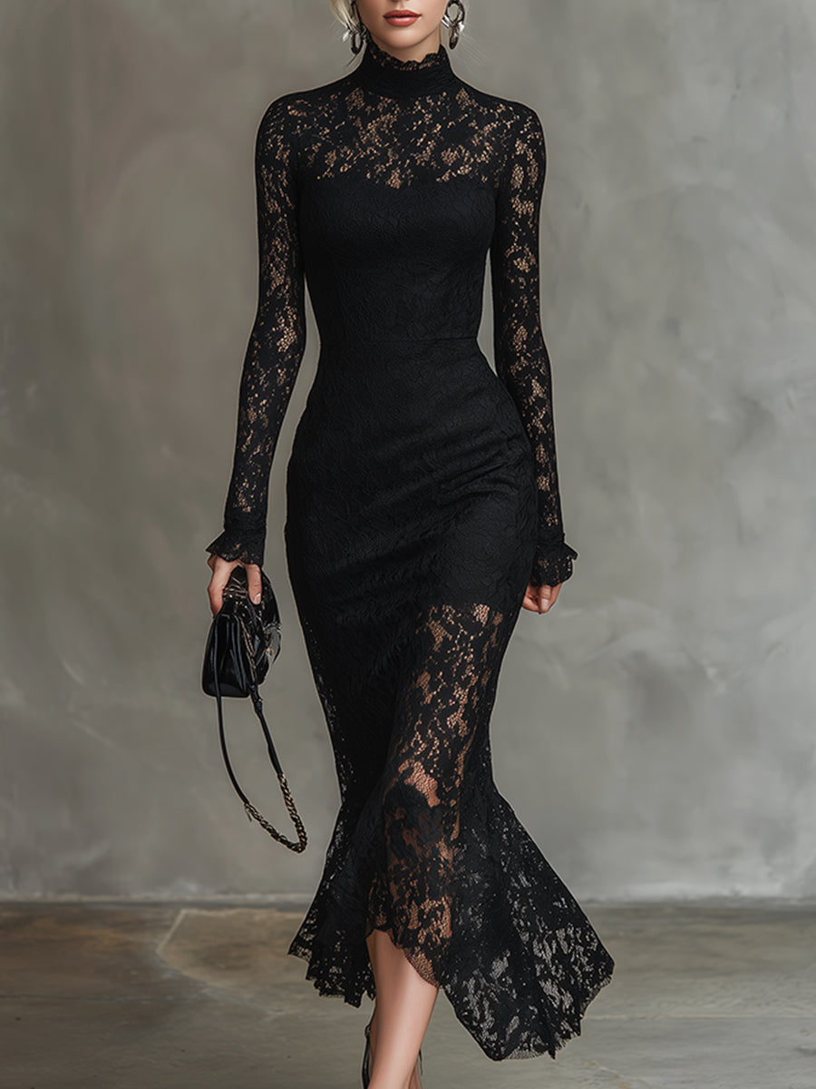 Black lace fishtail maxi dress from Christine Brewer, elegant evening dress with intricate lace details and a fitted silhouette.