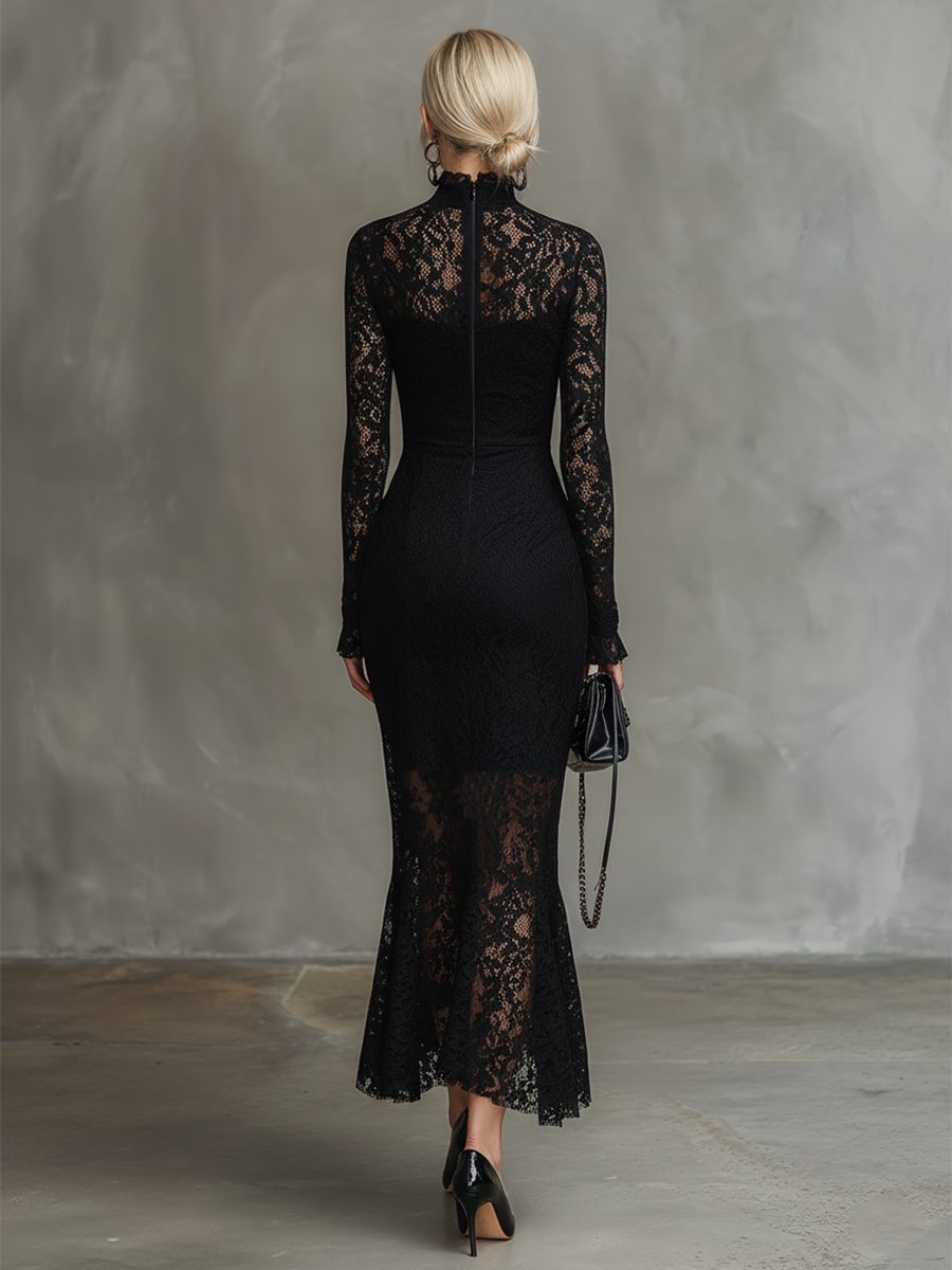 Black lace fishtail maxi dress by Christine Brewer, elegant evening dress with intricate lace details and fitted silhouette.