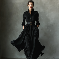 Black pleated maxi dress for women by Christine Brewer, flowing fabric with elegant pleats and a sleeveless design.
