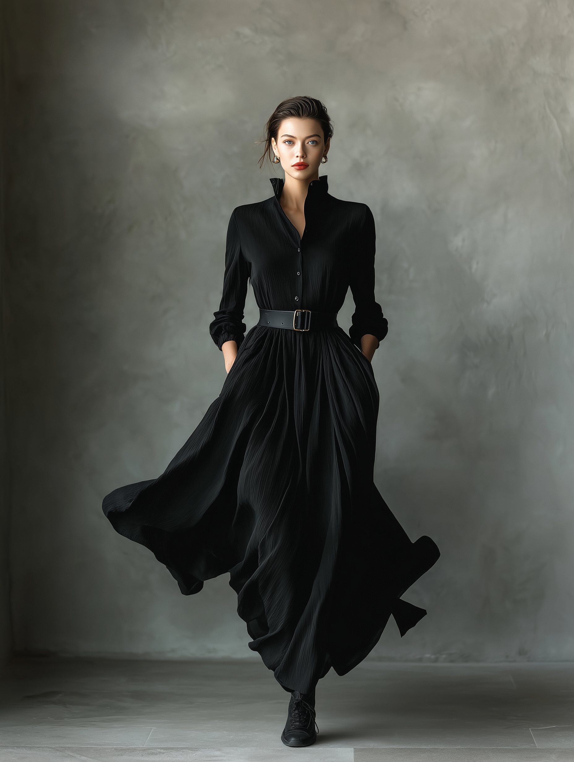 Black pleated maxi dress for women by Christine Brewer, flowing fabric with elegant pleats and a sleeveless design.
