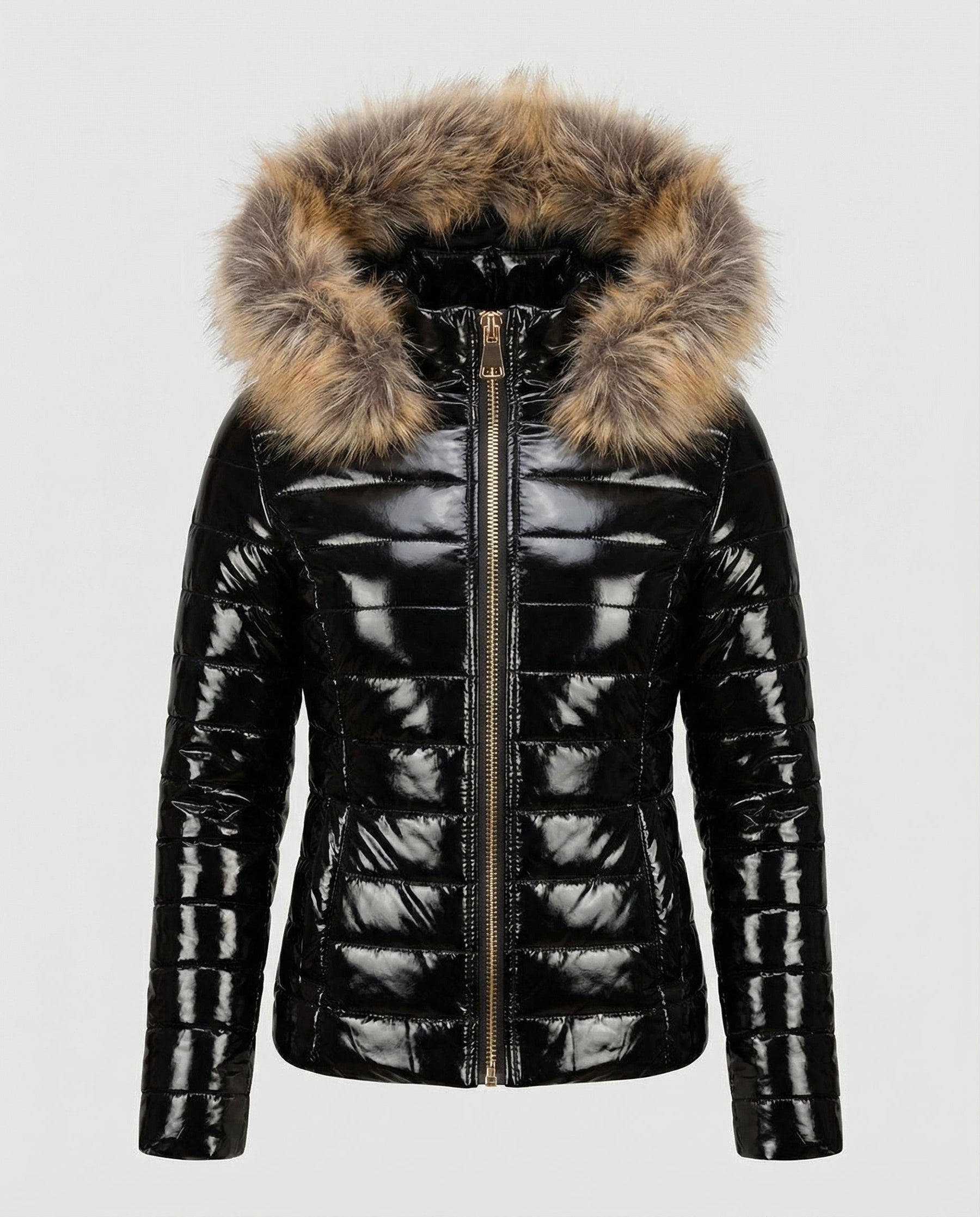 Black hooded puffer jacket for women by Christine Brewer, featuring a cozy design and stylish fit for winter wear.