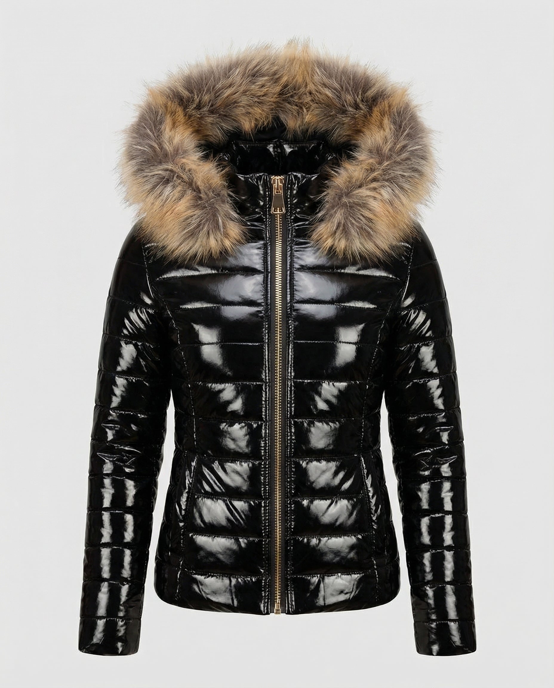 Black hooded puffer jacket for women by Christine Brewer, featuring a cozy design and stylish fit for winter wear.