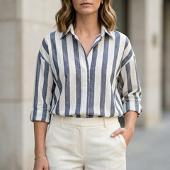 Black striped long sleeve summer blouse for women by Christine Brewer, featuring a stylish, casual top with a relaxed fit.