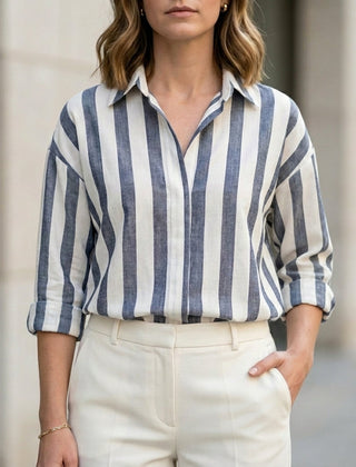 Black striped long sleeve summer blouse for women by Christine Brewer, featuring a stylish, casual top with a relaxed fit.