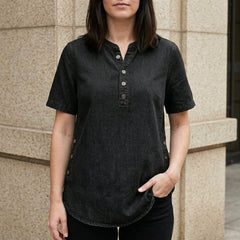 Black women's summer denim top with button front from Christine Brewer, featuring a casual, stylish design.