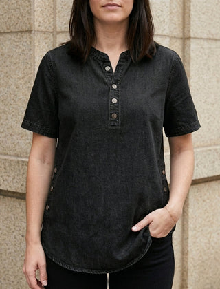 Black women's summer denim top with button front from Christine Brewer, featuring a casual, stylish design.