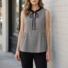 Black gingham sleeveless summer blouse for women by Christine Brewer, featuring a stylish and breathable top ideal for warm weather.