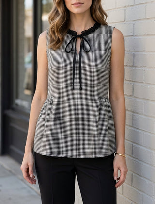Black gingham sleeveless summer blouse for women by Christine Brewer, featuring a stylish and breathable top ideal for warm weather.
