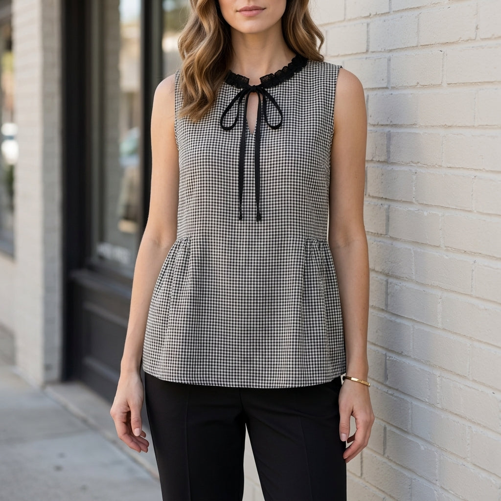 Black gingham sleeveless summer blouse for women by Christine Brewer, featuring a stylish and breathable top ideal for warm weather.