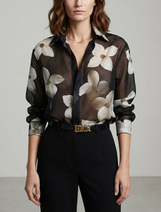 Black floral long sleeve summer blouse for women by Christine Brewer, featuring a stylish, lightweight design and feminine pattern.