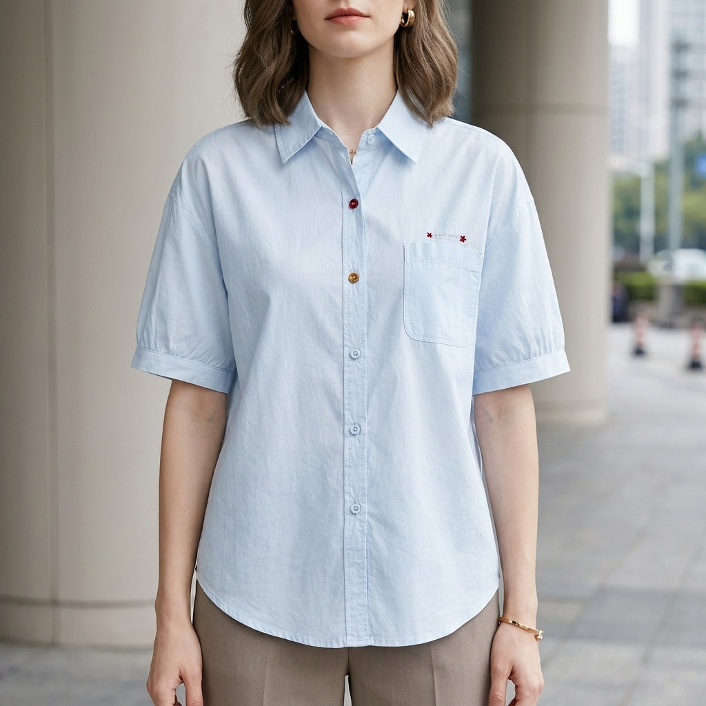 Blue denim summer blouse for women with puff sleeves and button front, casual style by Christine Brewer.