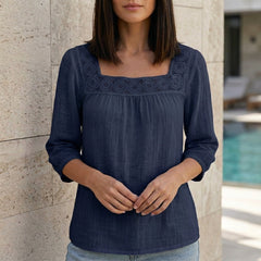 Blue summer blouse for women with square neck and lace details, stylish top from Christine Brewer.
