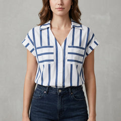 Blue striped women's summer blouse with V-neck from Christine Brewer, casual top perfect for warm weather.