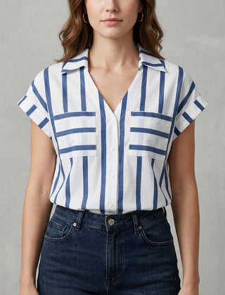 Blue striped women's summer blouse with V-neck from Christine Brewer, casual top perfect for warm weather.