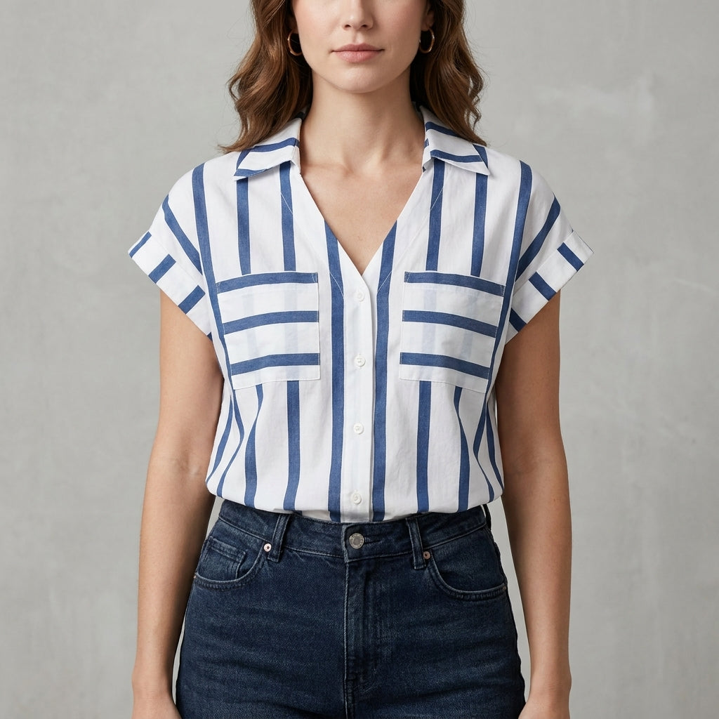Blue striped women's summer blouse with V-neck from Christine Brewer, casual top perfect for warm weather.