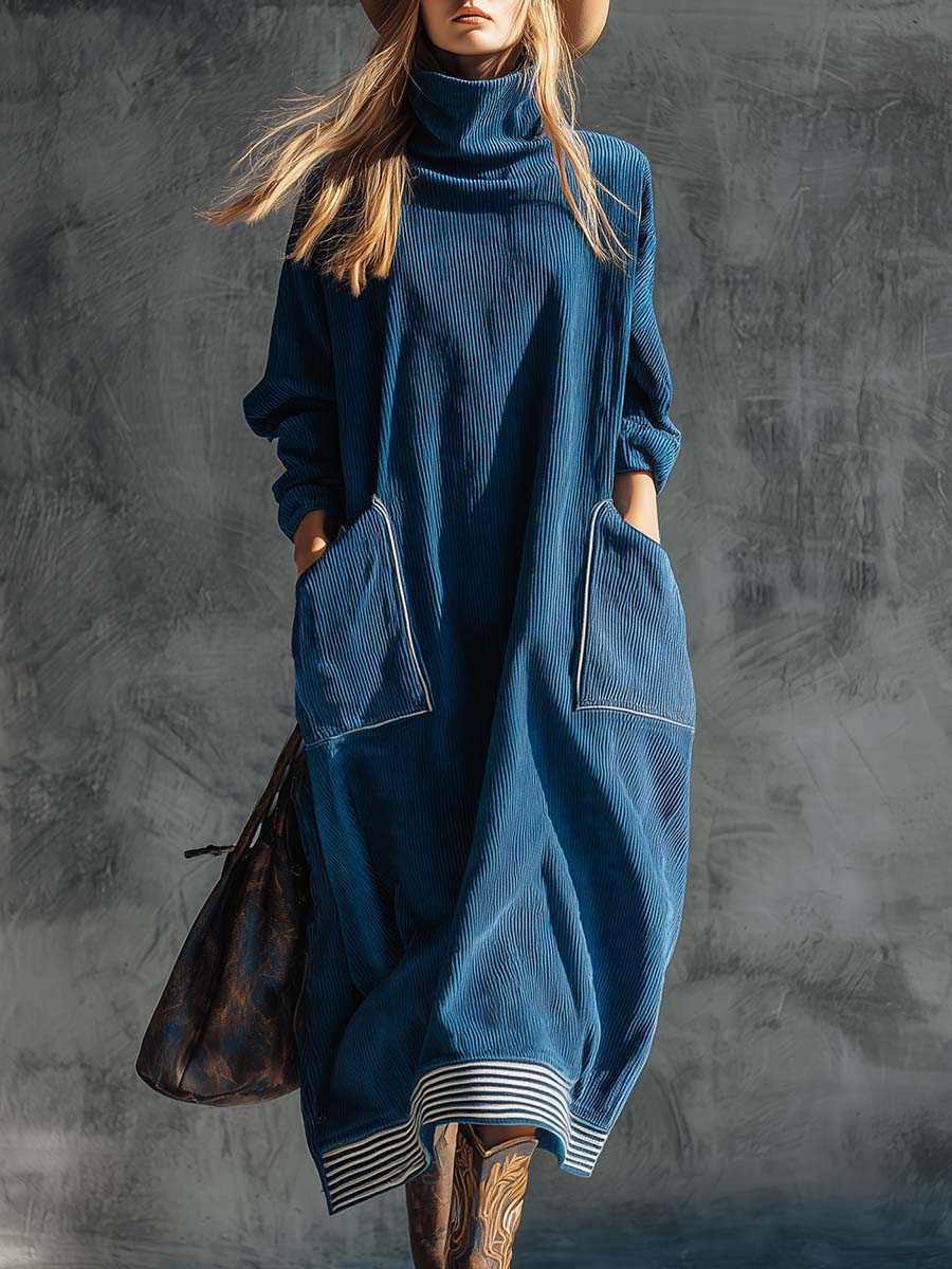 Blue corduroy midi dress by Christine Brewer, casual style, featuring a fitted bodice and flowing skirt, displayed on a model.