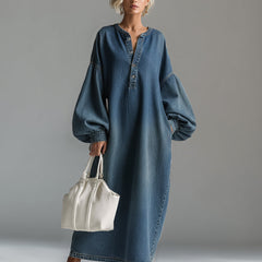 Blue denim maxi dress by Christine Brewer, flowing evening dress with a relaxed fit, perfect for casual or semi-formal occasions.