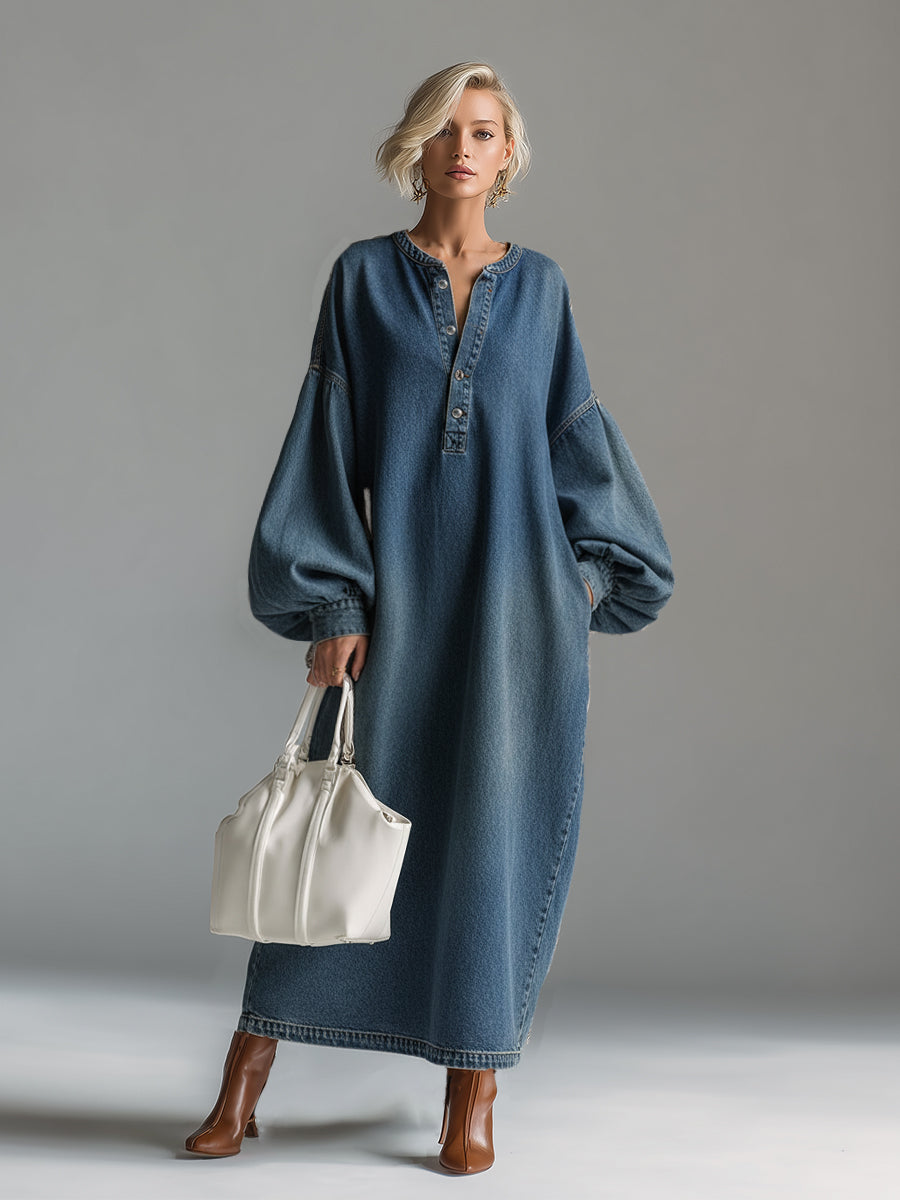 Blue denim maxi dress by Christine Brewer, flowing evening dress with a relaxed fit, perfect for casual or semi-formal occasions.