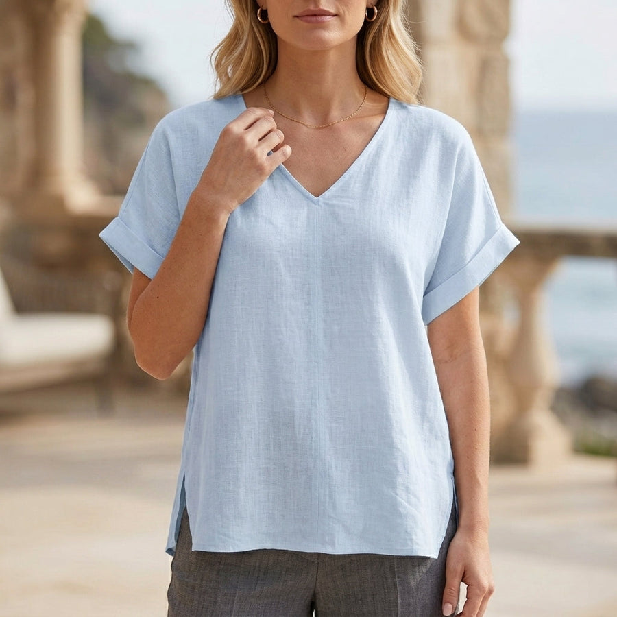 Blue denim summer blouse for women with V-neck and short sleeves, by Christine Brewer, casual women's top.