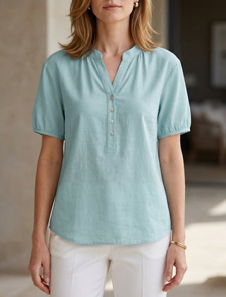 Blue denim summer blouse for women with puff sleeves and button front from Christine Brewer, lightweight and stylish top.