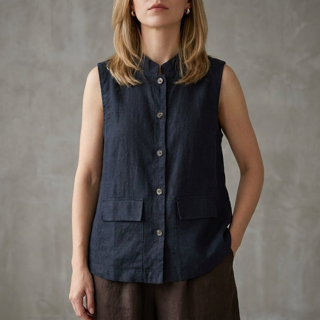 Blue sleeveless denim summer blouse for women with button front by Christine Brewer, featuring a casual, stylish top.