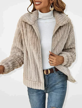 Beige Carmen women's jacket by Christine Brewer, casual plush cardigan with a cozy, stylish design.
